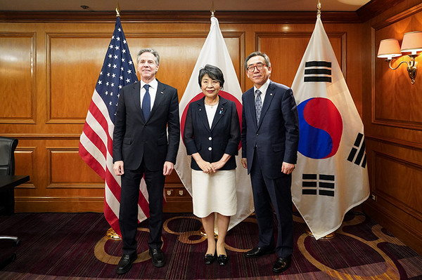 (왼쪽부터) 안토니 블링컨, 가미카와 요코 일본 외무대신, 조태열 외교부 장관. (사진=외교부)